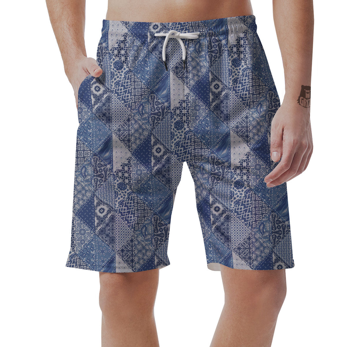 Denim Jeans Patchwork Print Pattern Men's Shorts-grizzshop