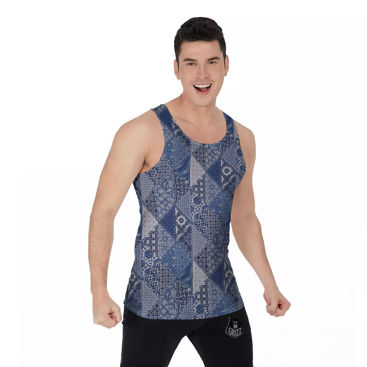 Denim Jeans Patchwork Print Pattern Men's Tank Top-grizzshop