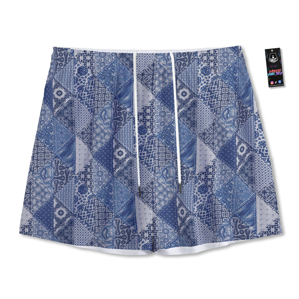 Denim Jeans Patchwork Print Pattern Mesh Shorts-grizzshop
