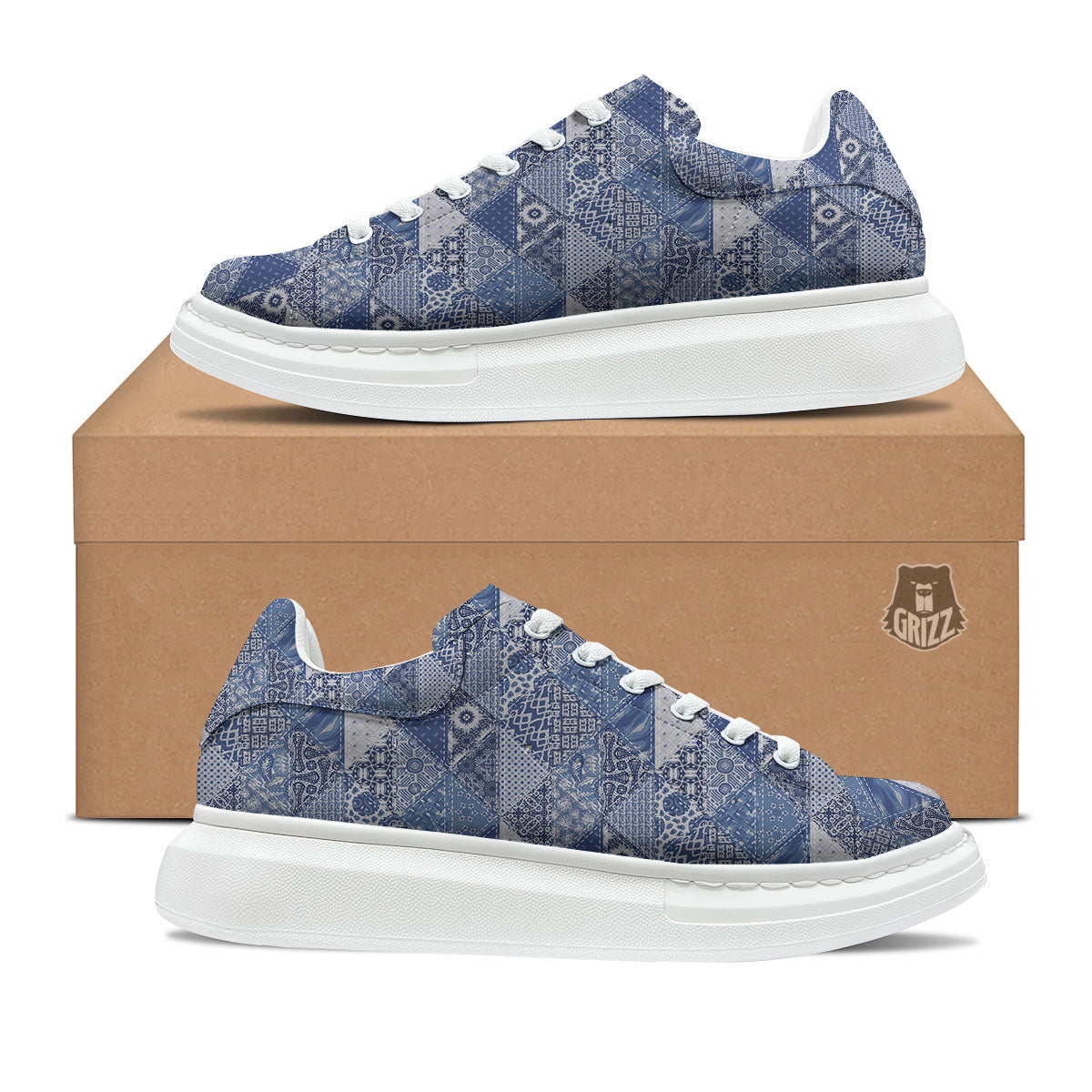 Denim Jeans Patchwork Print Pattern Platform Shoes-grizzshop