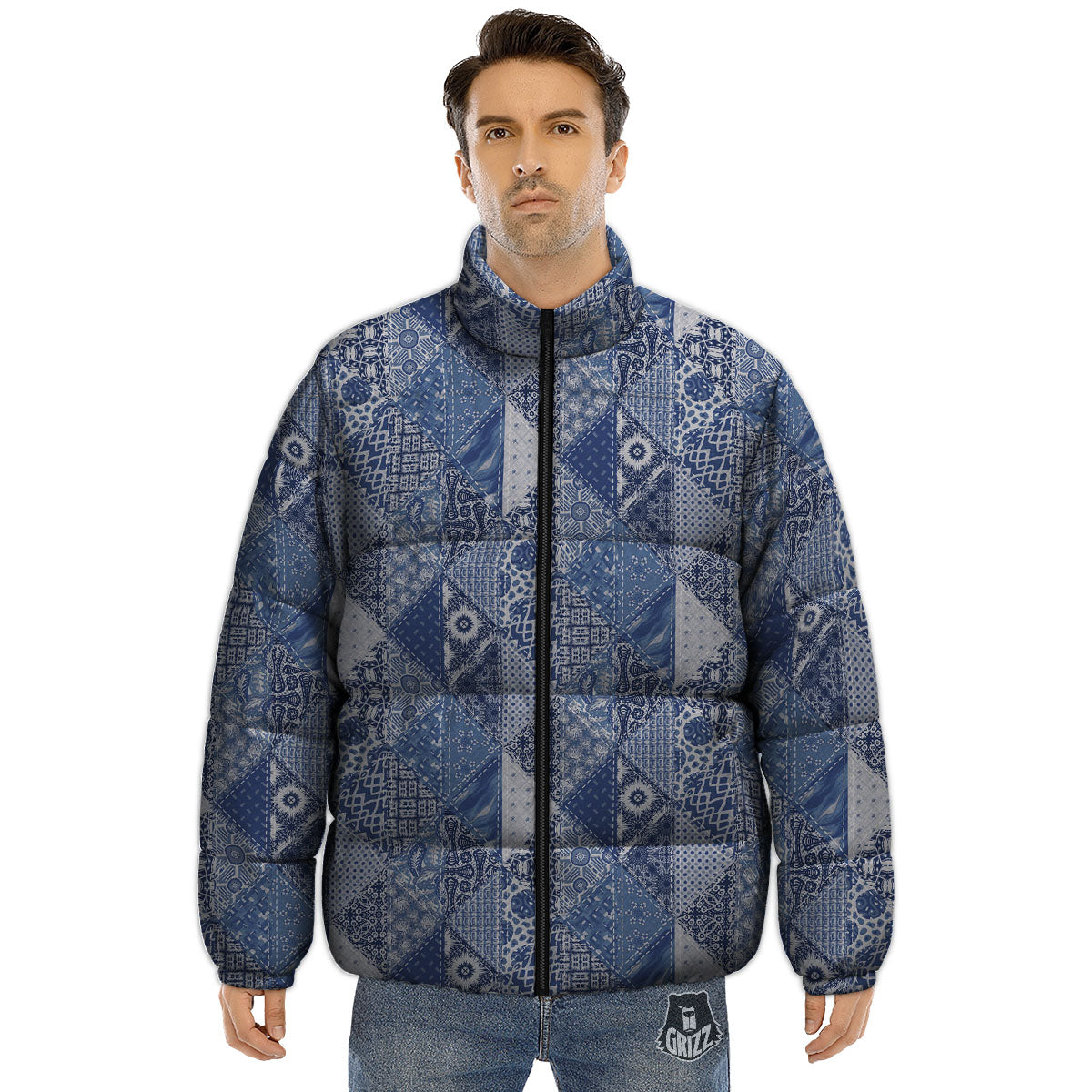 Denim Jeans Patchwork Print Pattern Puffer Jacket-grizzshop