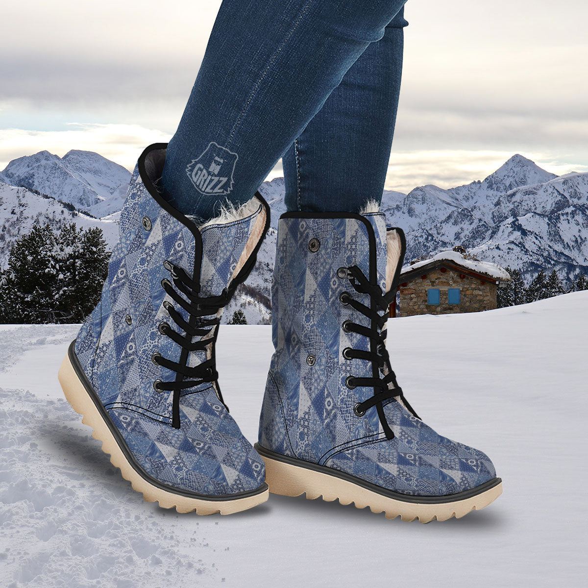 Denim Jeans Patchwork Print Pattern Snow Boots-grizzshop