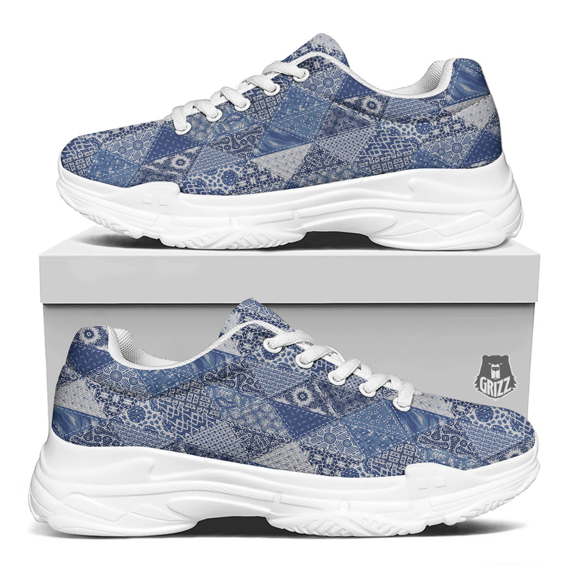 Denim Jeans Patchwork Print Pattern White Chunky Shoes-grizzshop