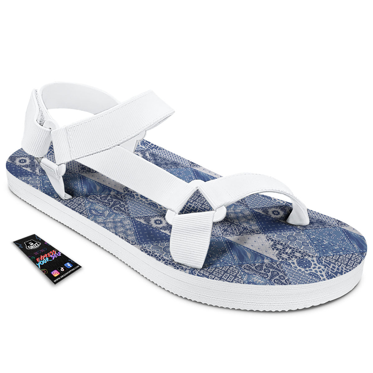 Denim Jeans Patchwork Print Pattern White Open Toe Sandals-grizzshop