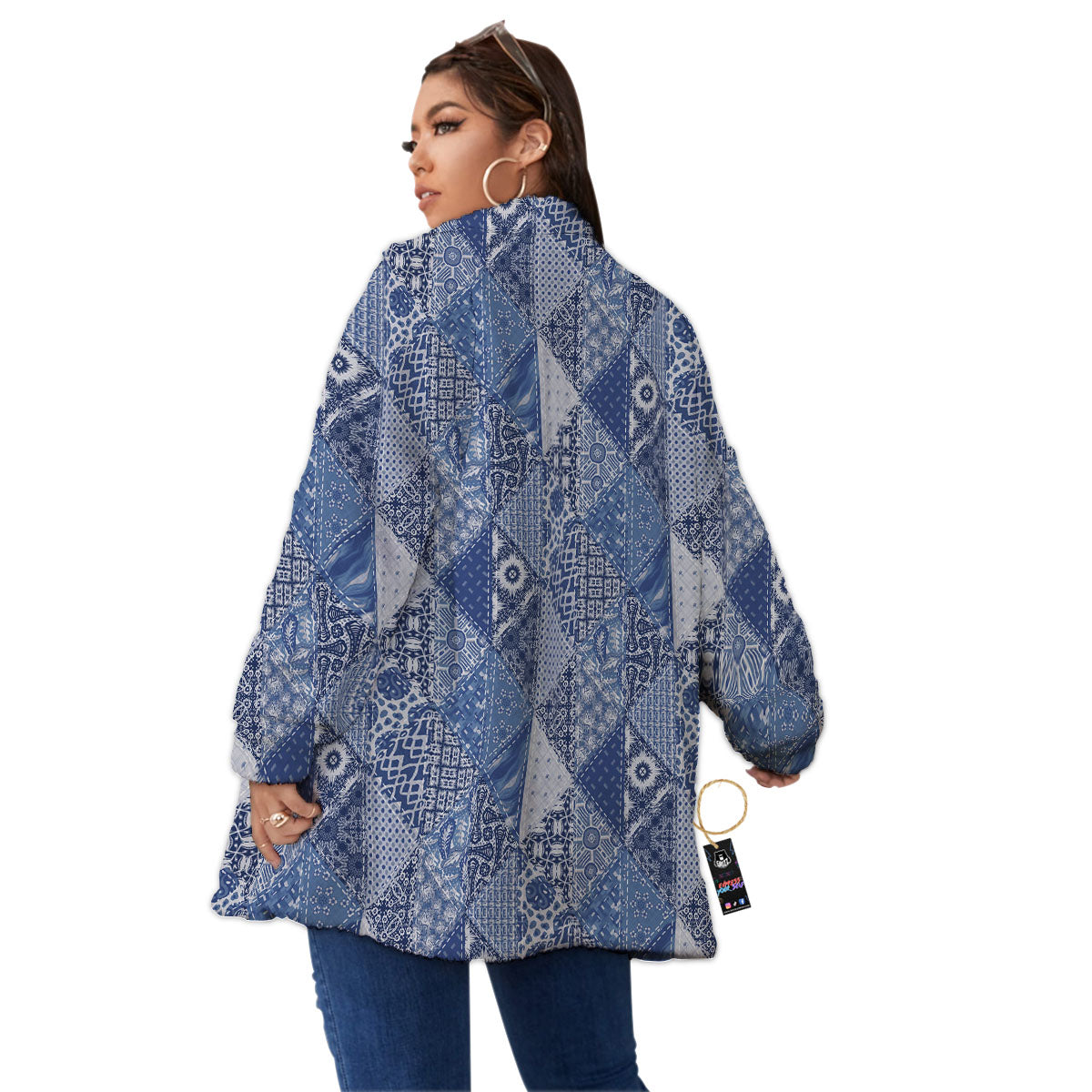 Denim Jeans Patchwork Print Pattern Women's Sherpa Jacket-grizzshop