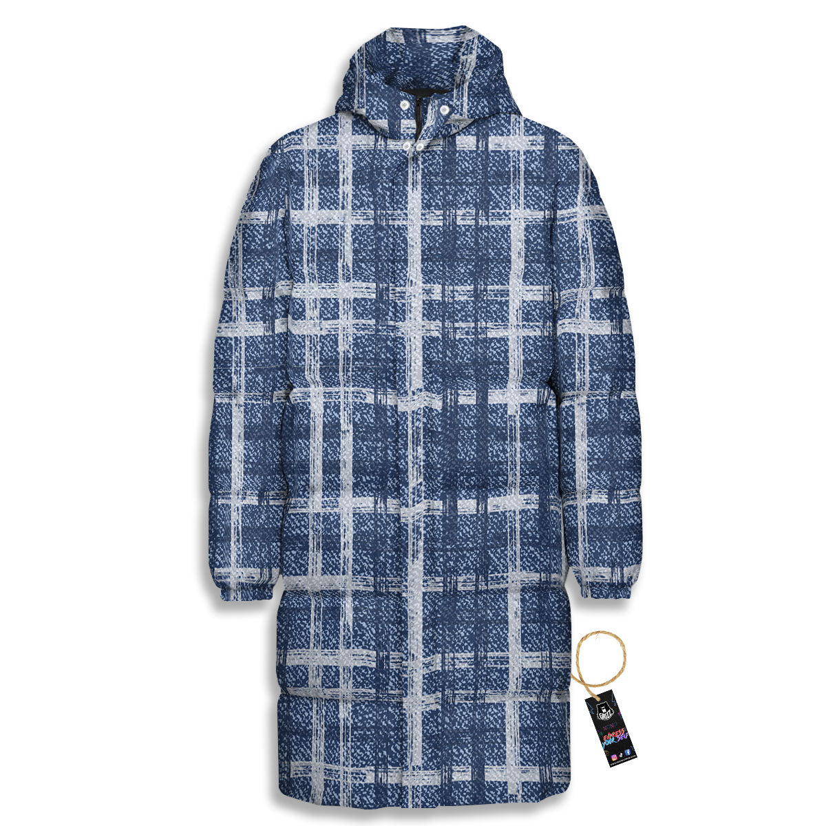 Denim Jeans Plaid Print Pattern Long Down Jacket-grizzshop