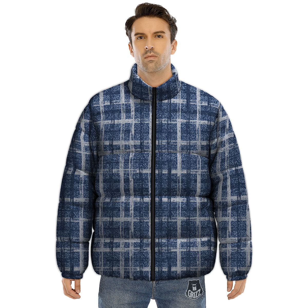 Denim Jeans Plaid Print Pattern Puffer Jacket-grizzshop