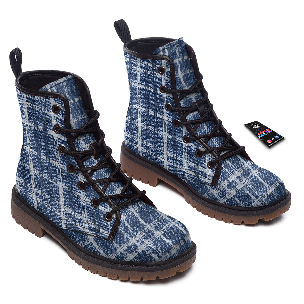Denim Jeans Plaid Print Pattern Work Boots-grizzshop