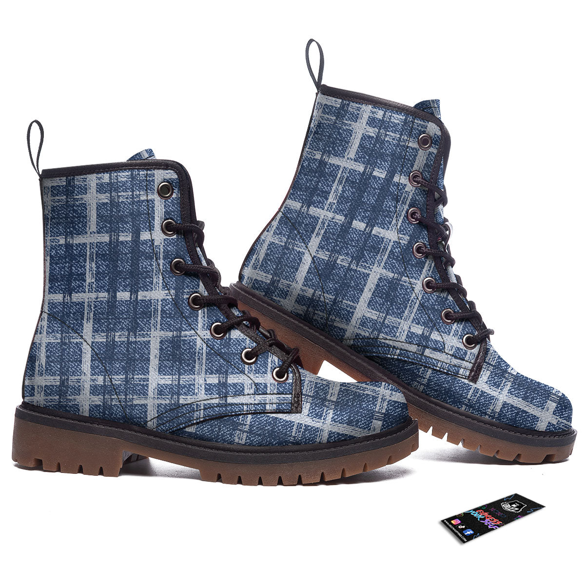 Denim Jeans Plaid Print Pattern Work Boots-grizzshop