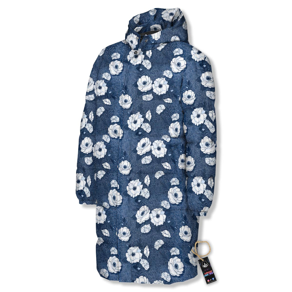 Denim Jeans Rose Print Pattern Long Down Jacket-grizzshop