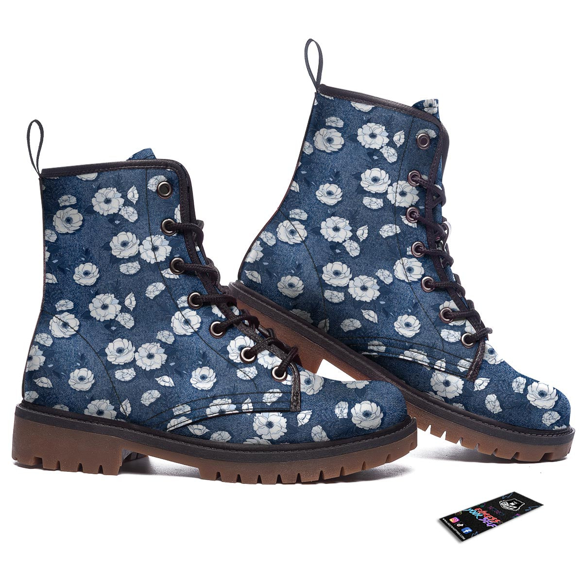 Denim Jeans Rose Print Pattern Work Boots-grizzshop