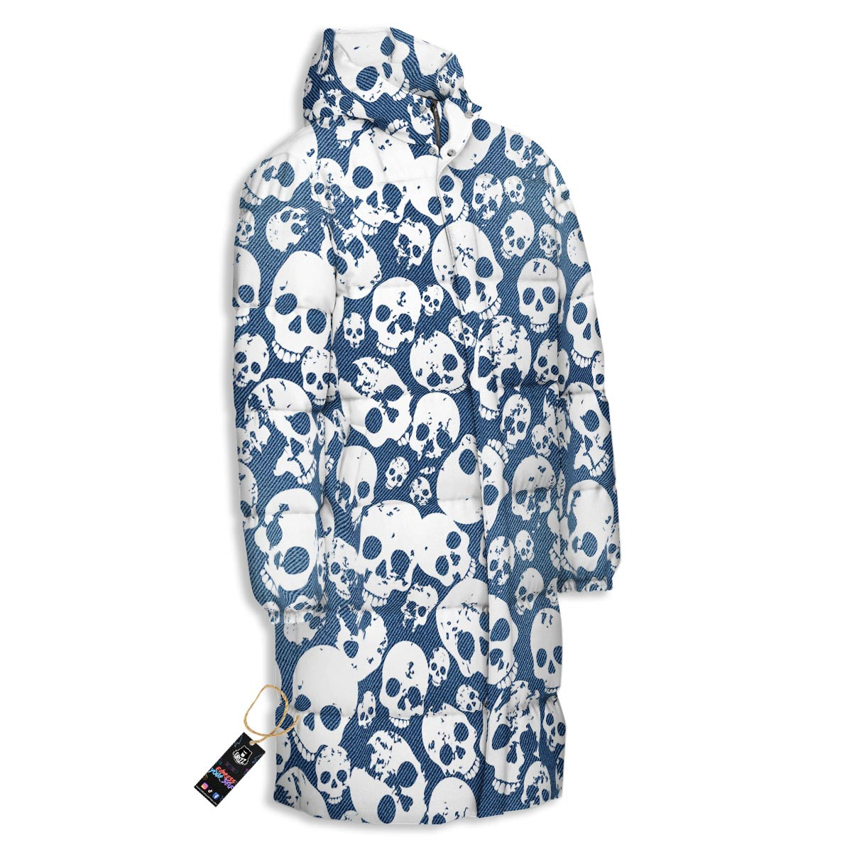 Denim Jeans Skull Print Pattern Long Down Jacket-grizzshop