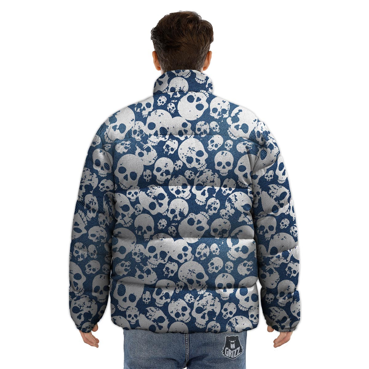 Denim Jeans Skull Print Pattern Puffer Jacket-grizzshop