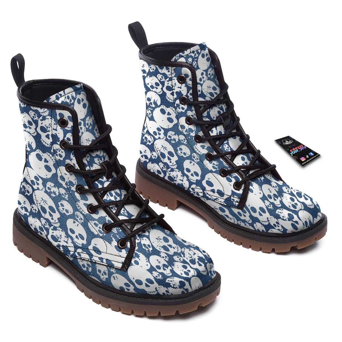Denim Jeans Skull Print Pattern Work Boots-grizzshop