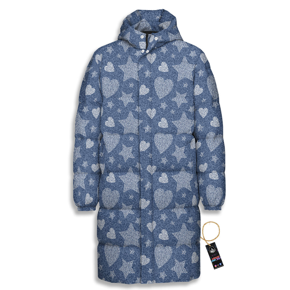 Denim Star Jeans And Heart Print Pattern Long Down Jacket-grizzshop