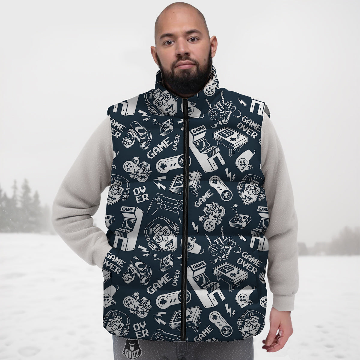 Devices Video Game Print Pattern Down Vest-grizzshop