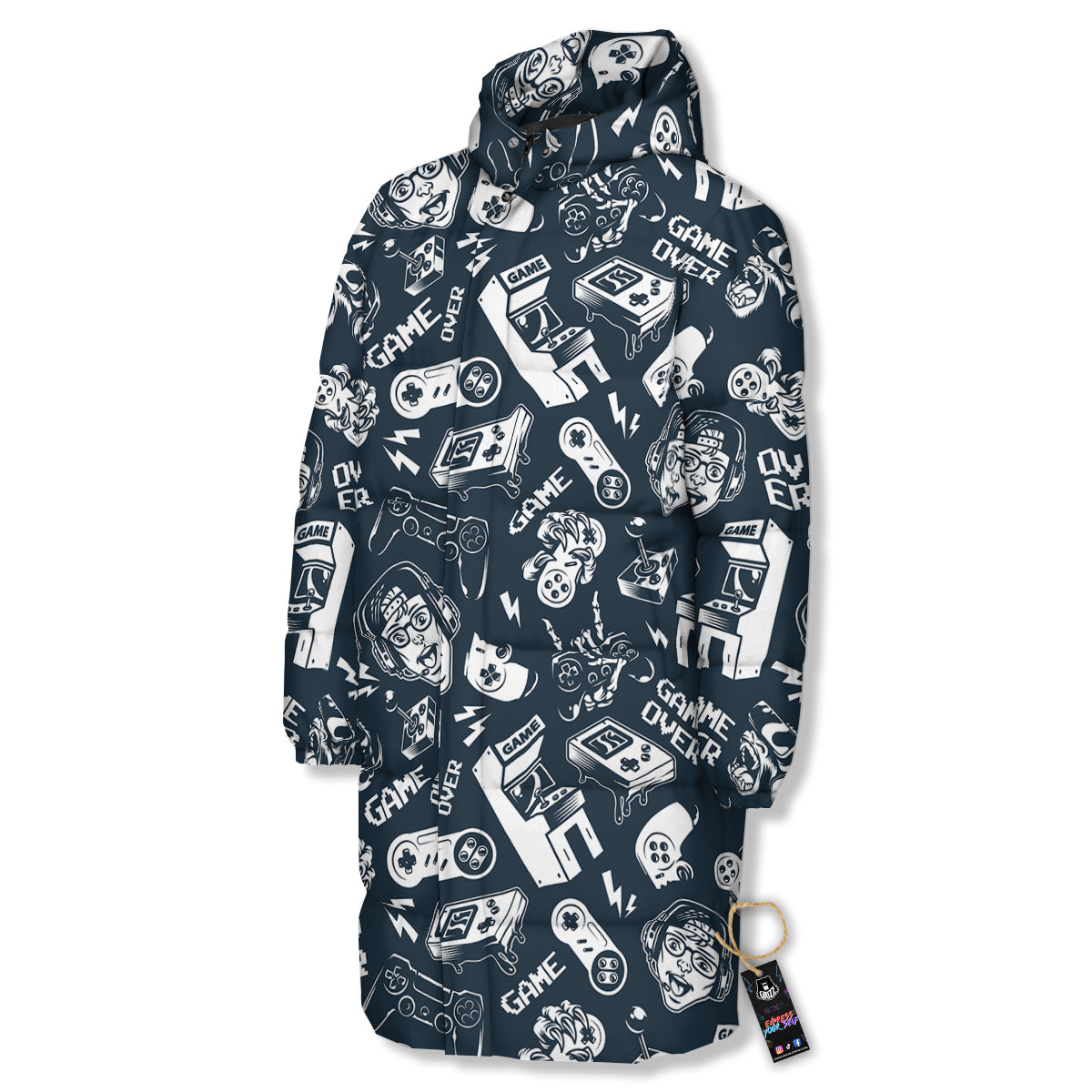 Devices Video Game Print Pattern Long Down Jacket-grizzshop