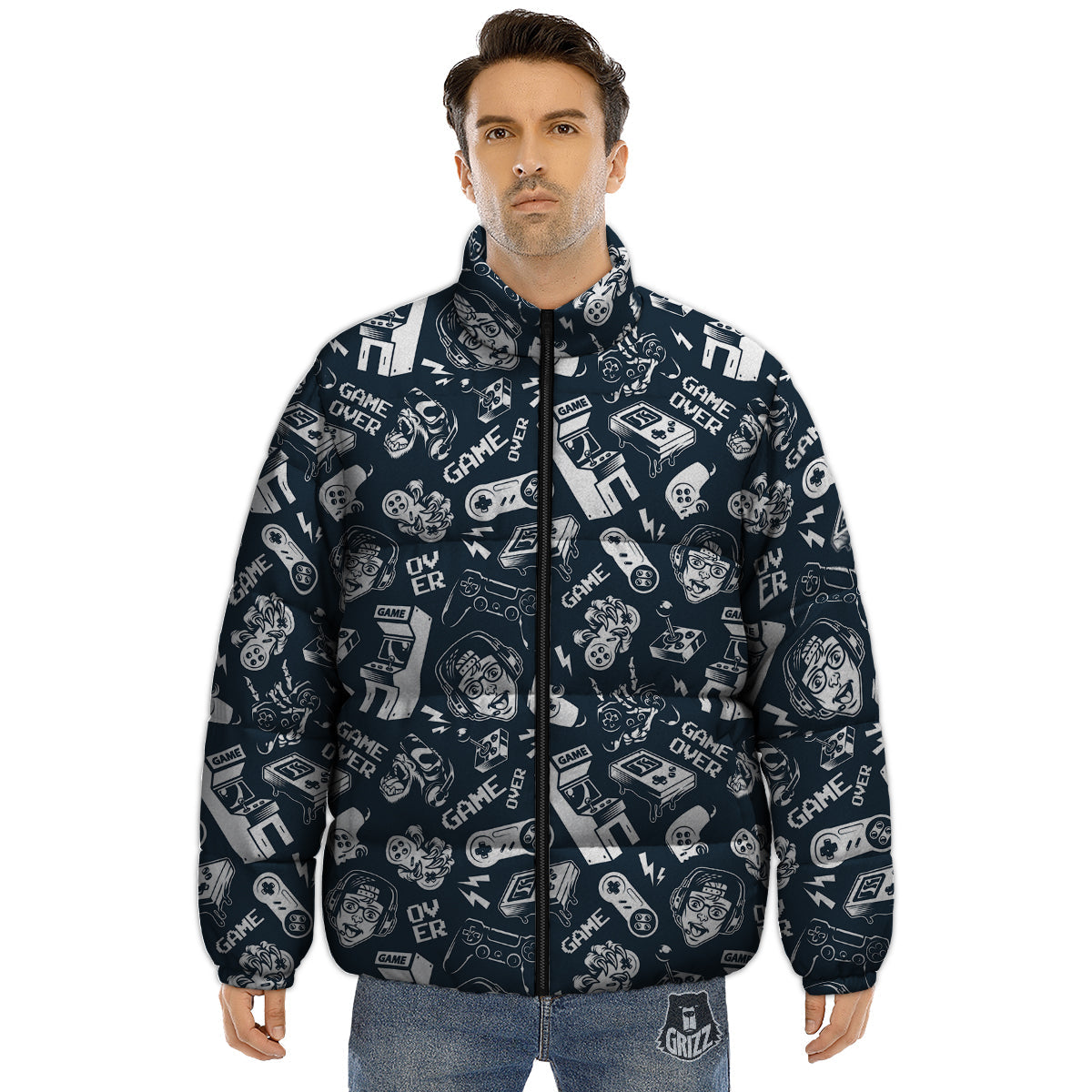 Devices Video Game Print Pattern Puffer Jacket-grizzshop