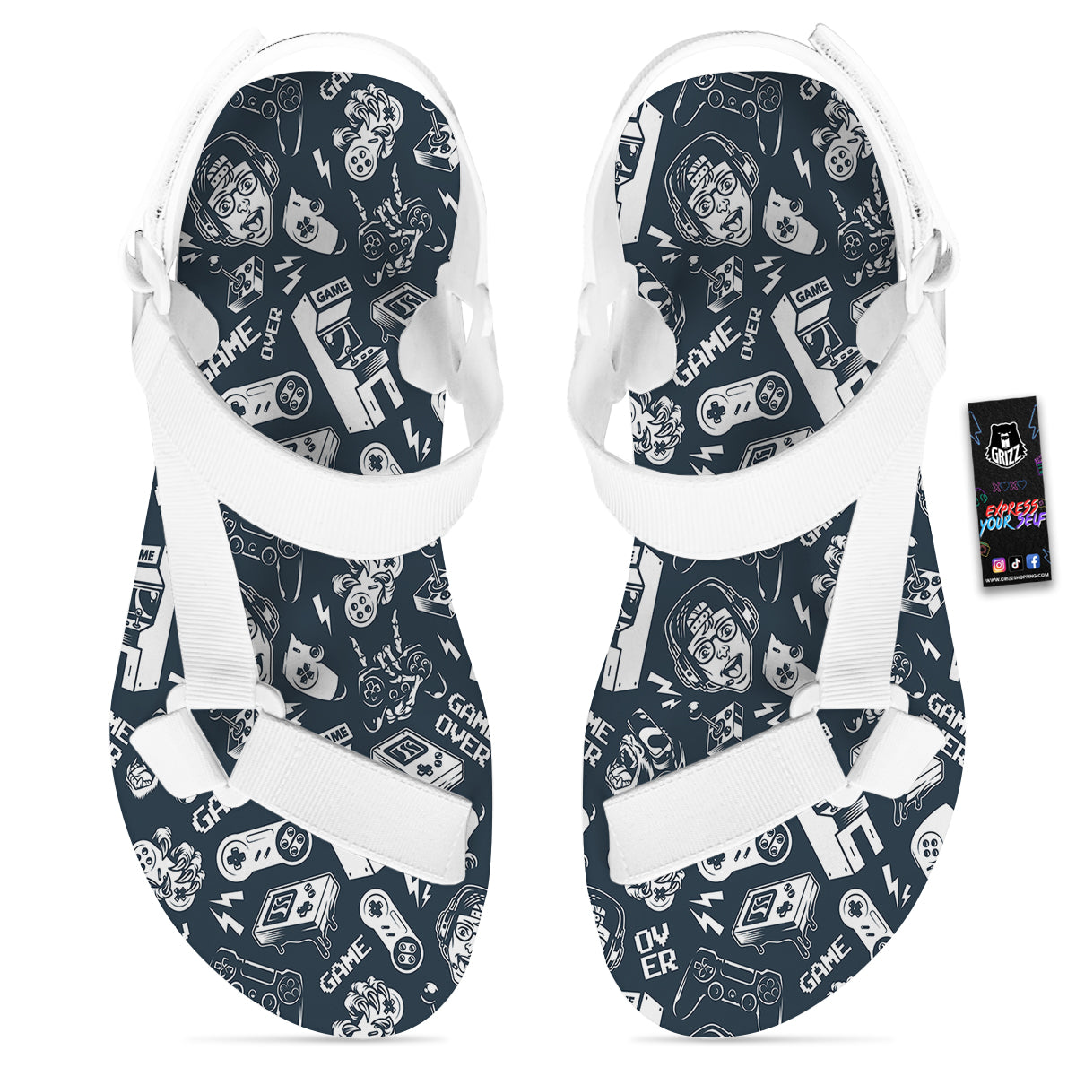 Devices Video Game Print Pattern White Open Toe Sandals-grizzshop