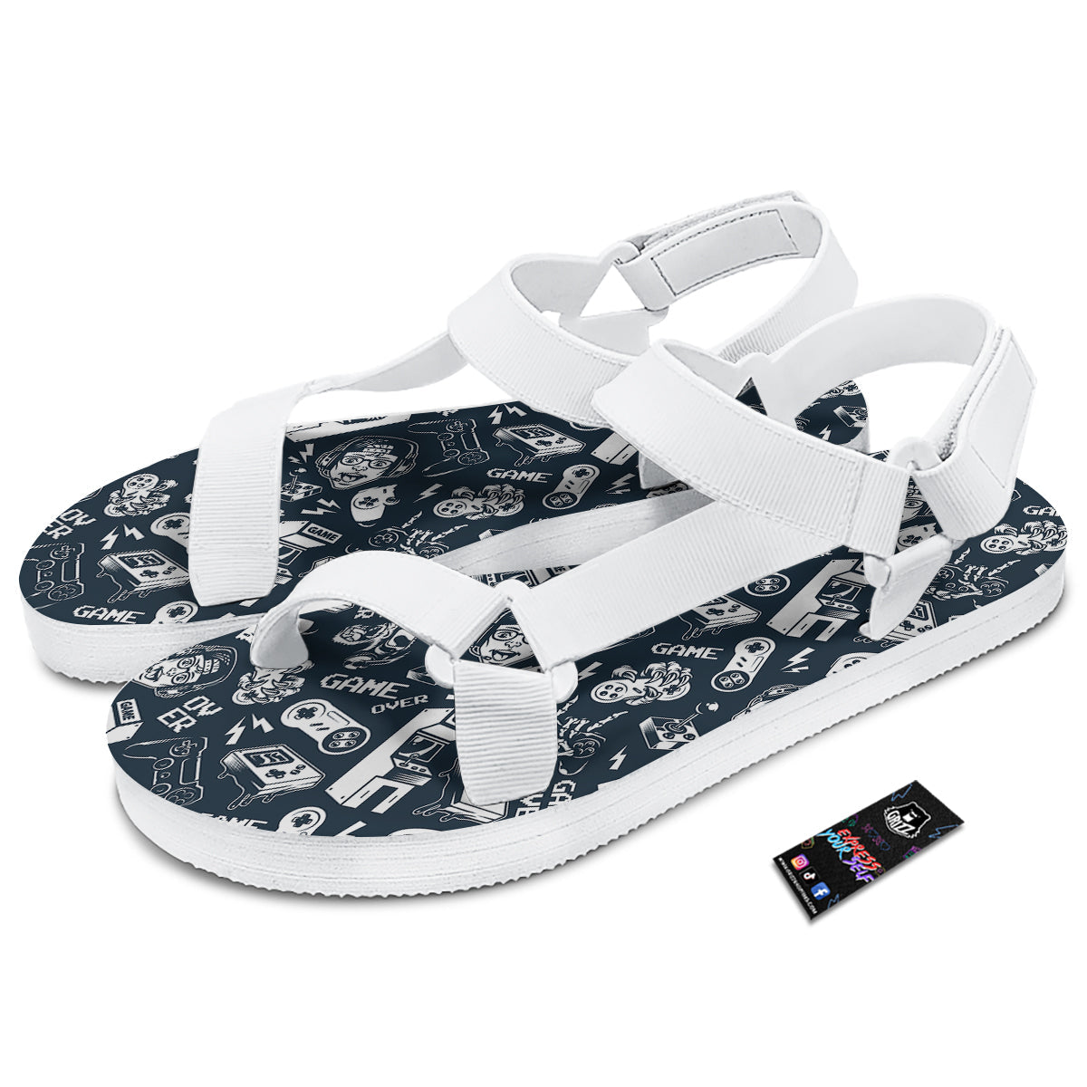 Devices Video Game Print Pattern White Open Toe Sandals-grizzshop