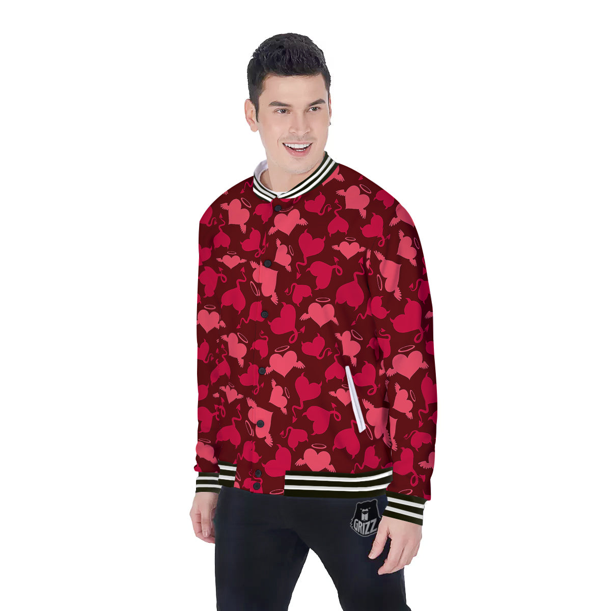 Devil And Angel Hearts Print Pattern Baseball Jacket-grizzshop