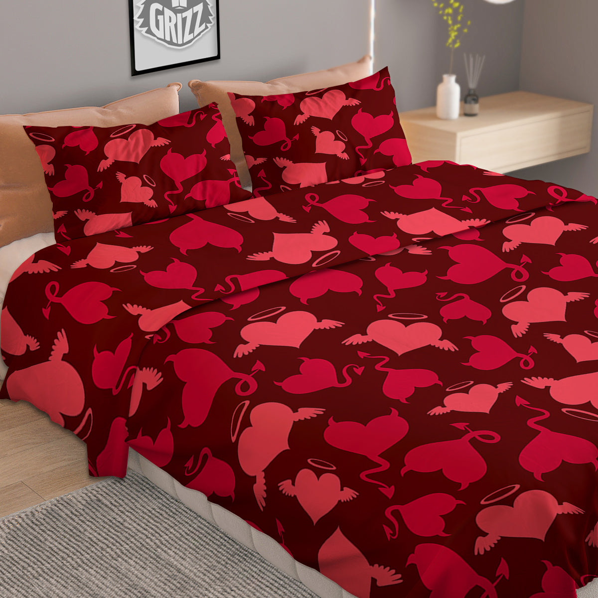 Devil And Angel Hearts Print Pattern Duvet Cover Bedding Set