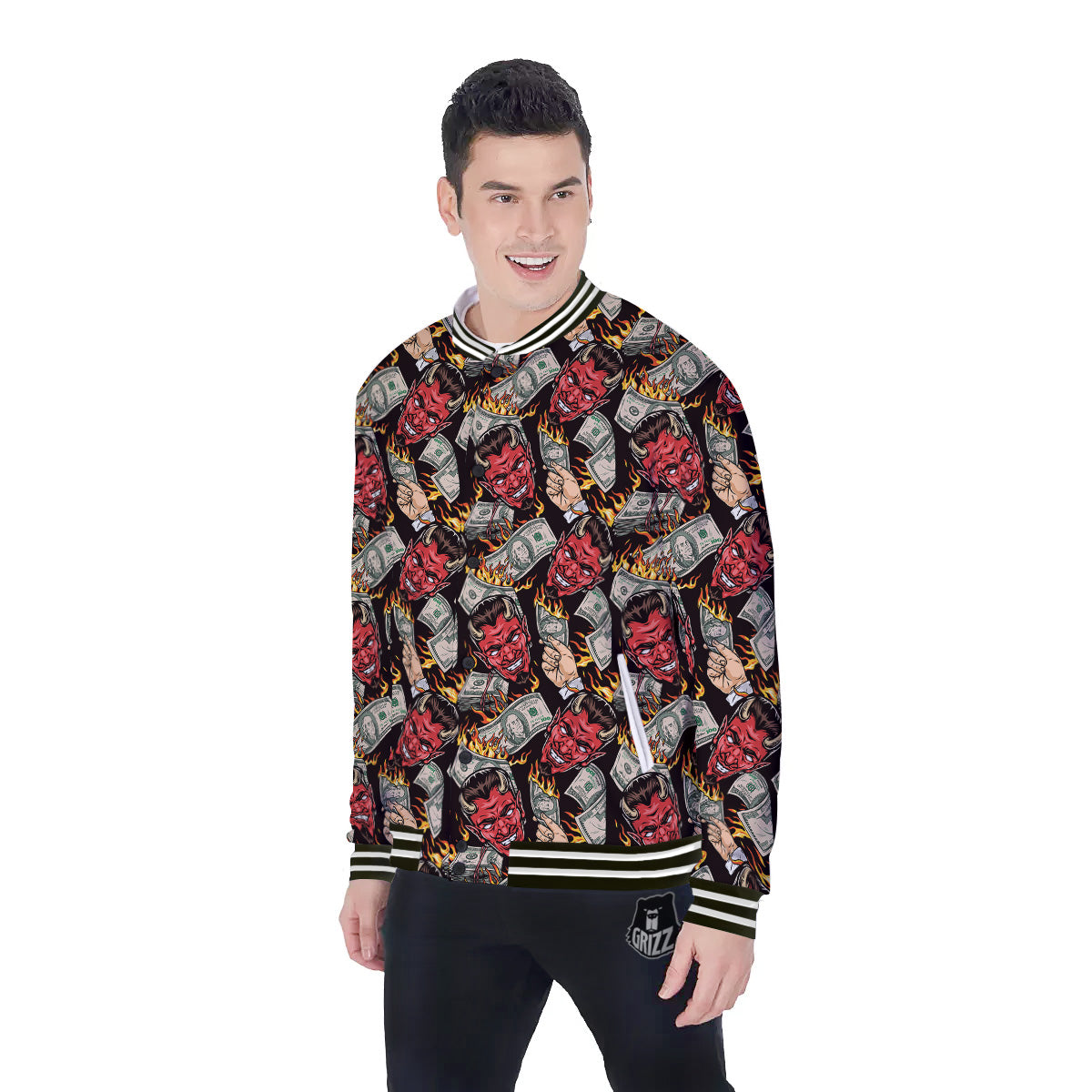 Devil And Dollar Print Pattern Baseball Jacket-grizzshop