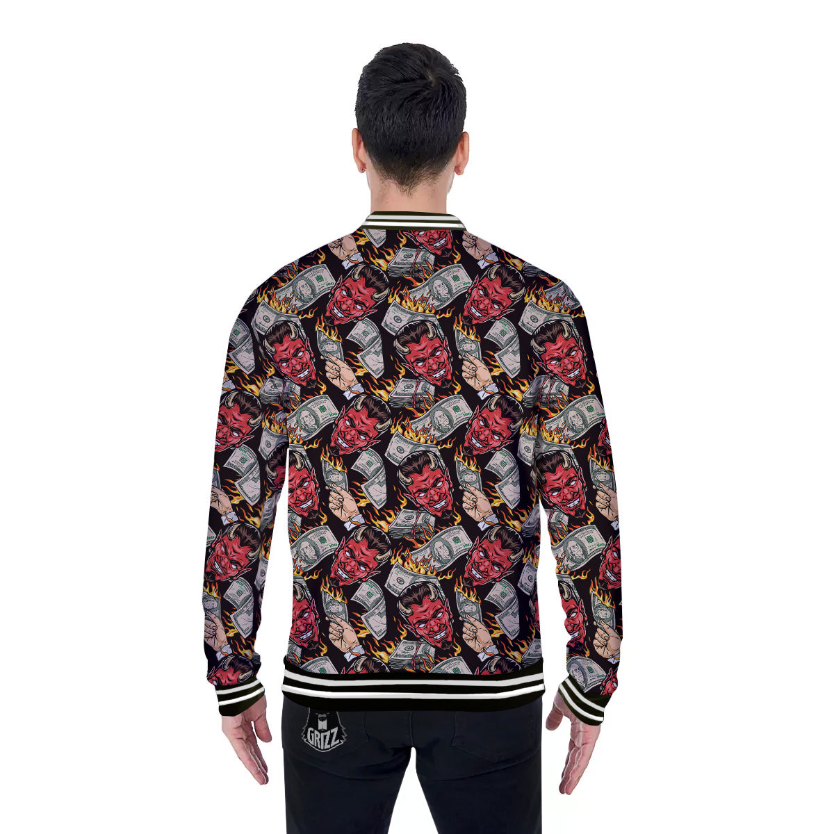 Devil And Dollar Print Pattern Baseball Jacket-grizzshop