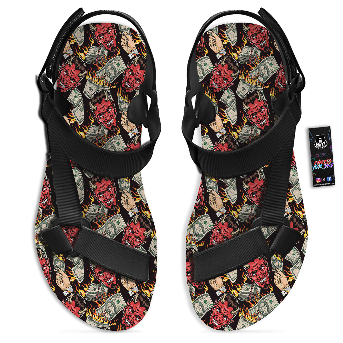 Devil And Dollar Print Pattern Black Open Toe Sandals-grizzshop