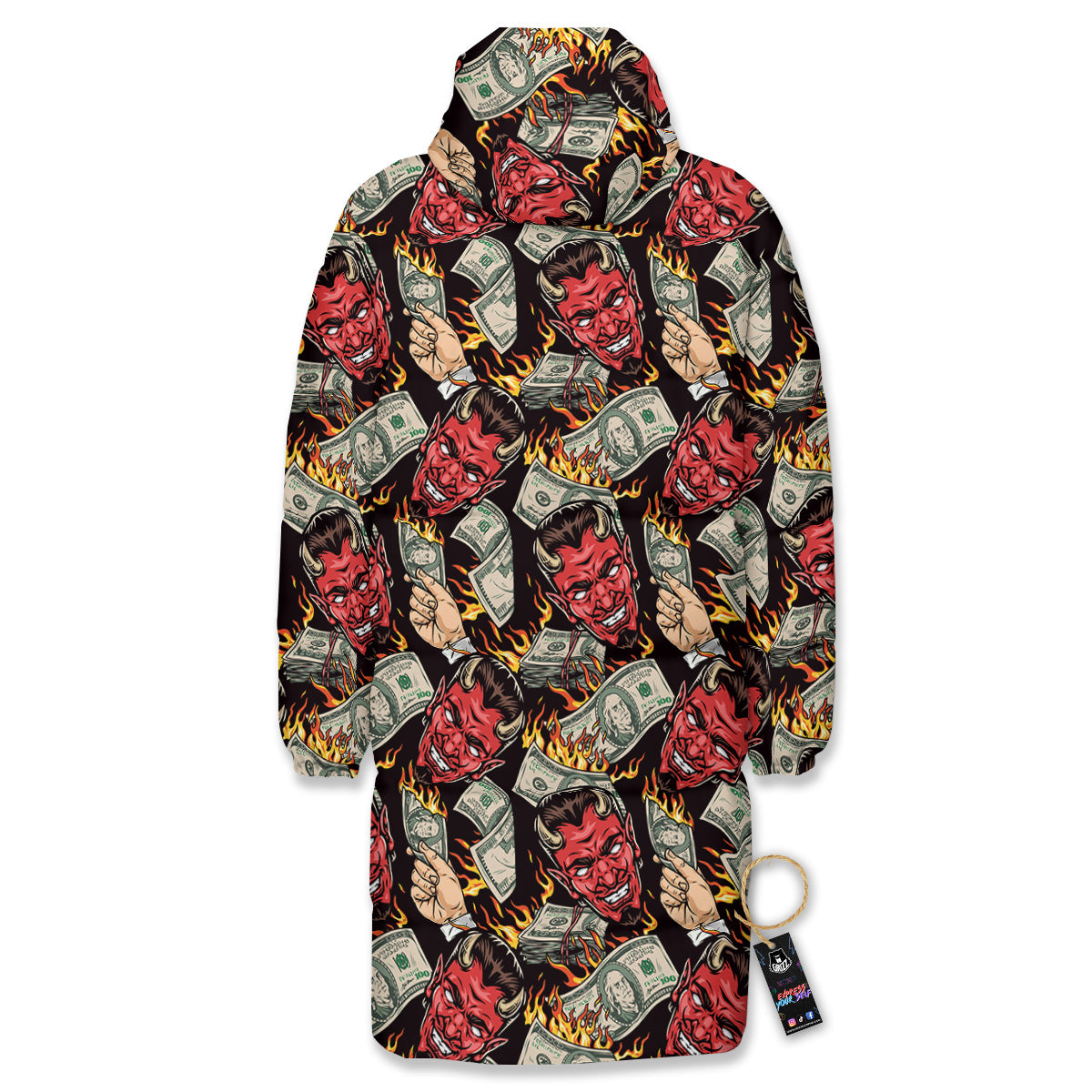 Devil And Dollar Print Pattern Long Down Jacket-grizzshop