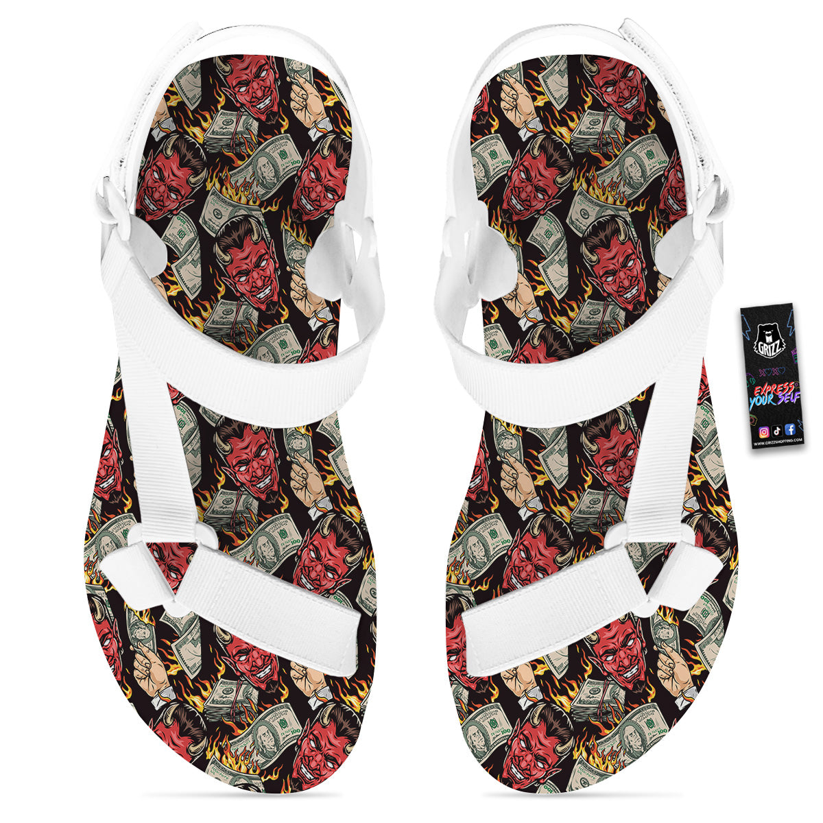 Devil And Dollar Print Pattern White Open Toe Sandals-grizzshop