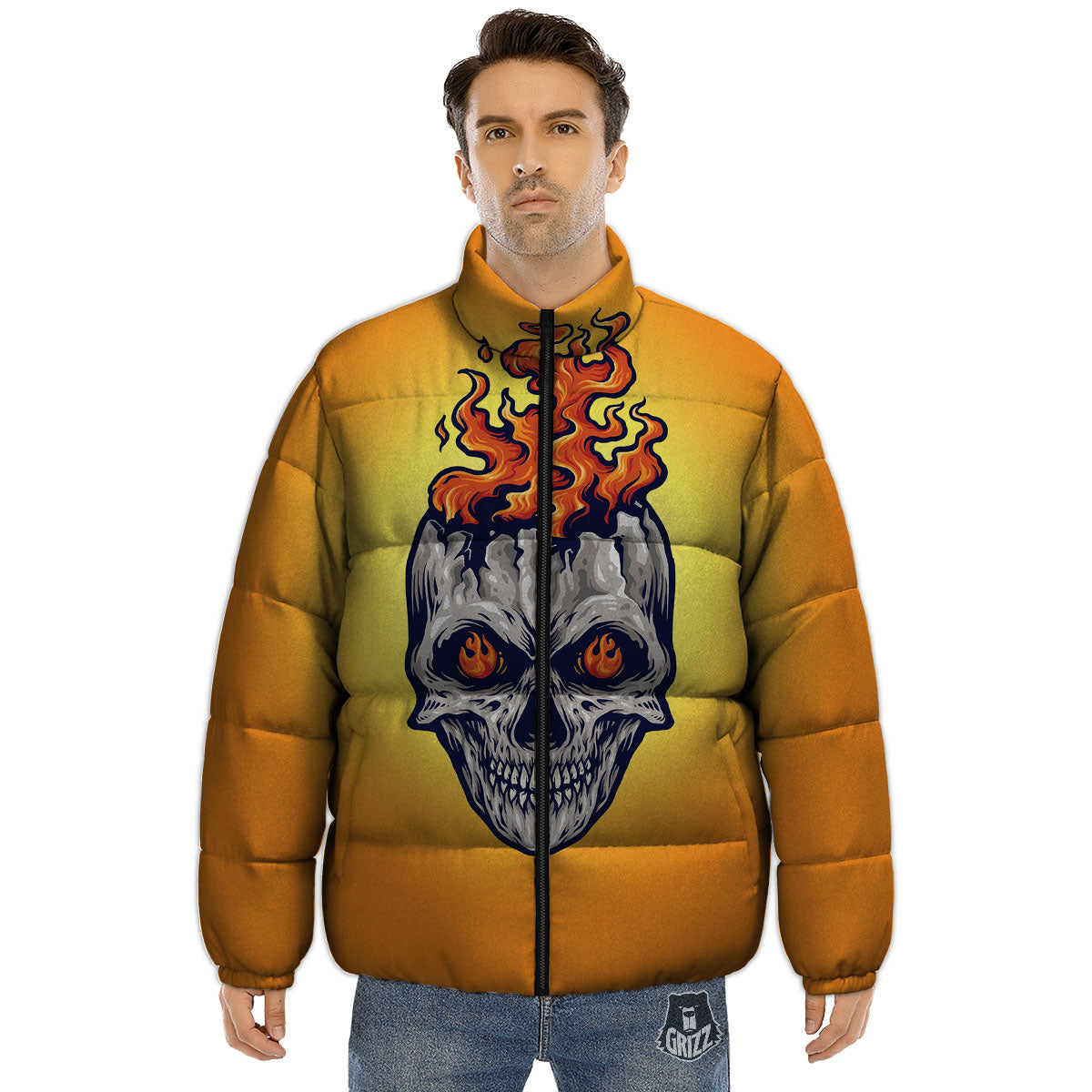 Devil Fire Punk Print Puffer Jacket-grizzshop