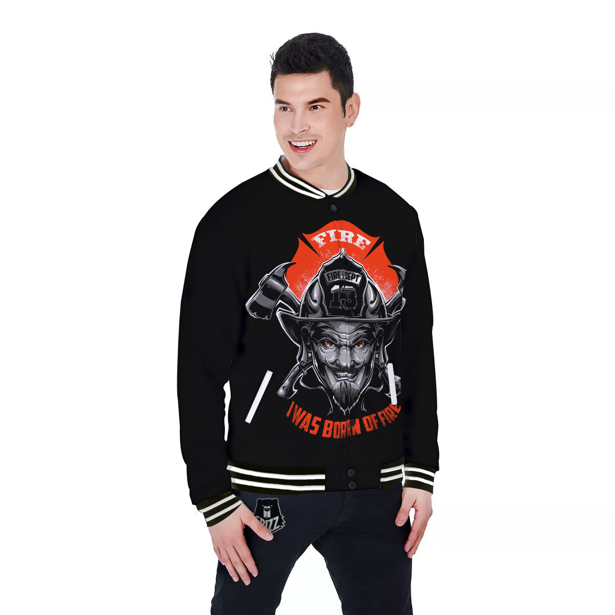 Devil Firefighter Print Baseball Jacket-grizzshop