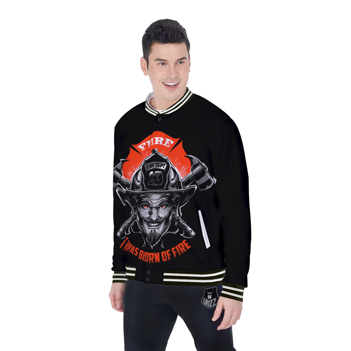 Devil Firefighter Print Baseball Jacket-grizzshop