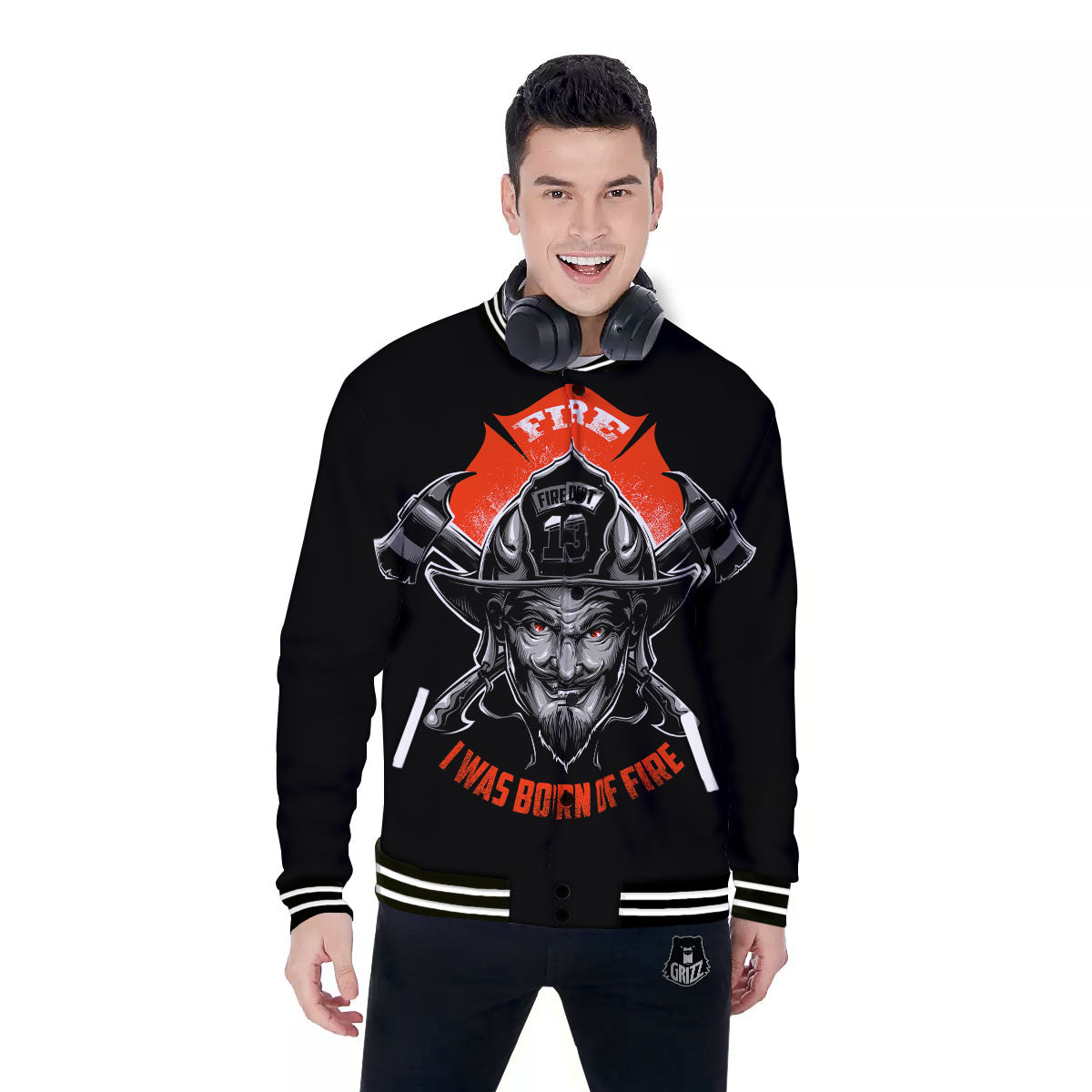 Devil Firefighter Print Baseball Jacket-grizzshop