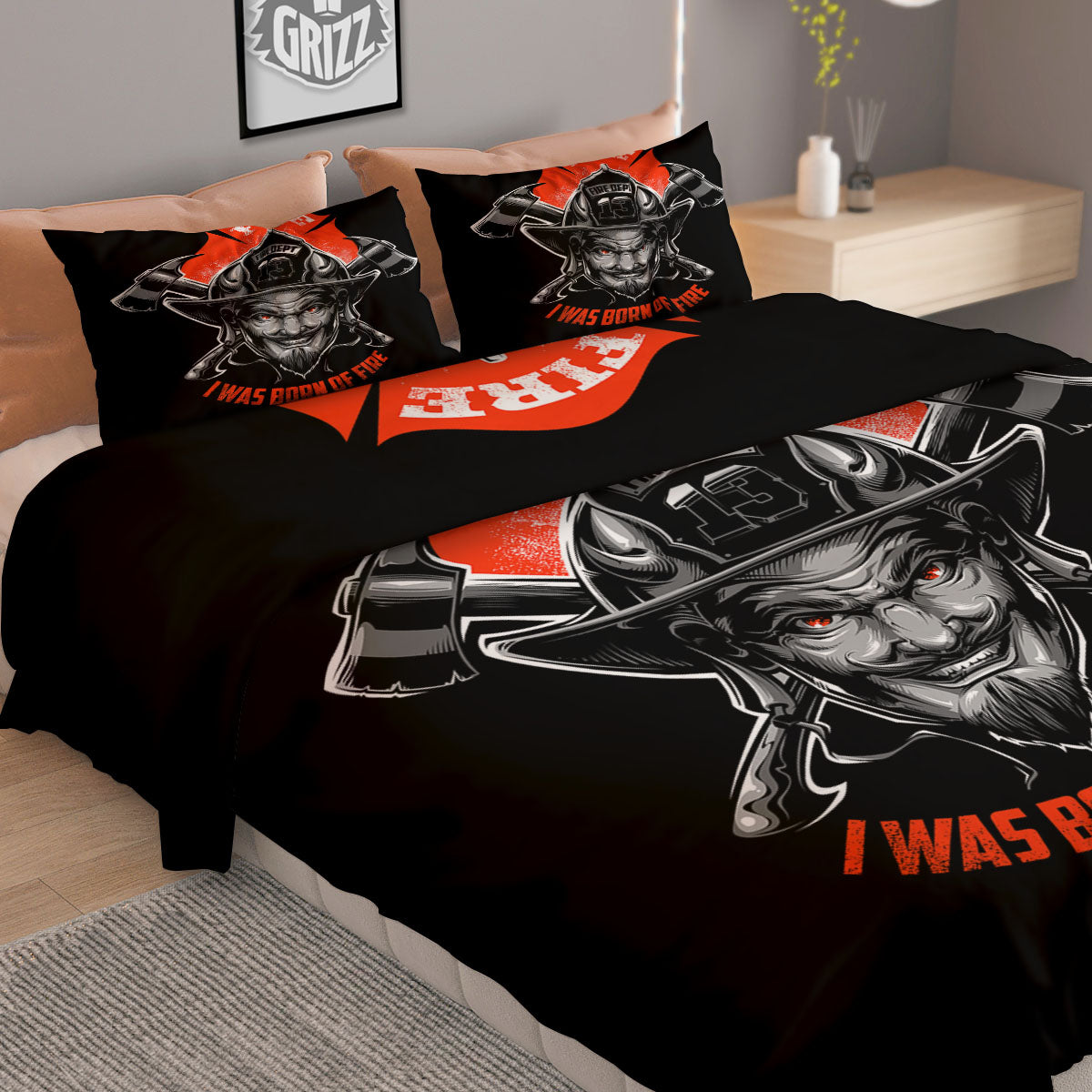 Devil Firefighter Print Duvet Cover Bedding Set