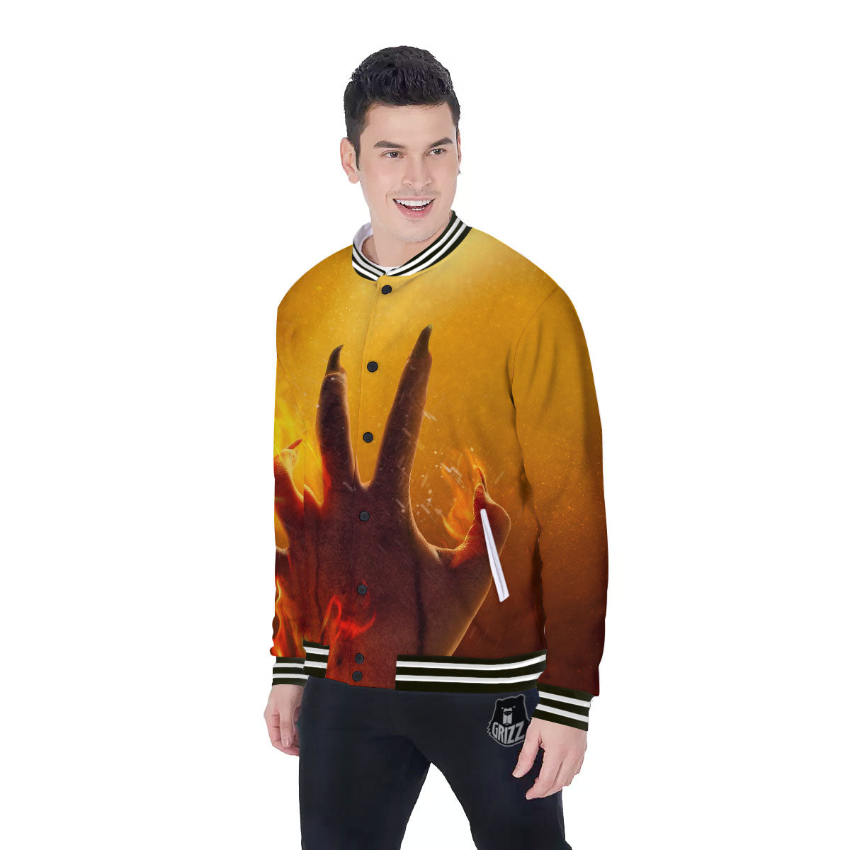 Devil Hand Print Baseball Jacket-grizzshop