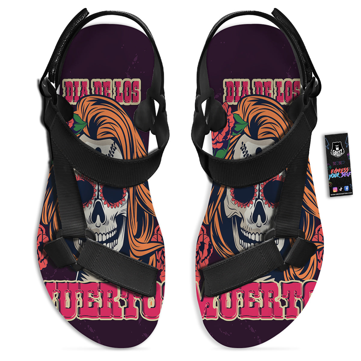 Dia De Los Muertos Calavera Girl Print Black Open Toe Sandals-grizzshop