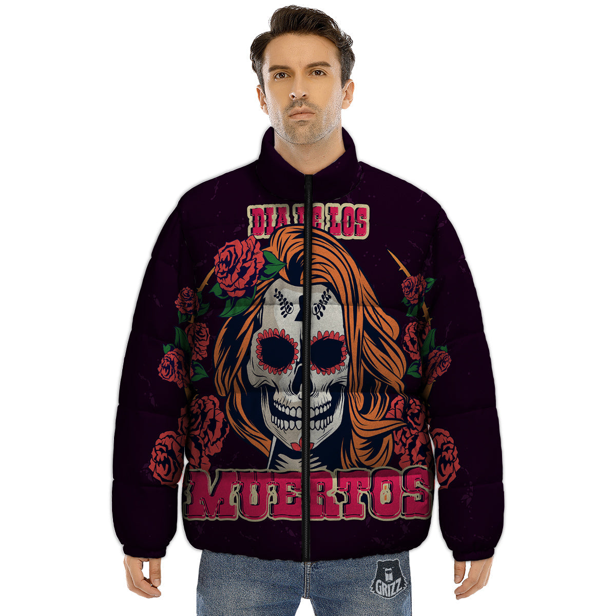 Dia De Los Muertos Calavera Girl Print Puffer Jacket-grizzshop