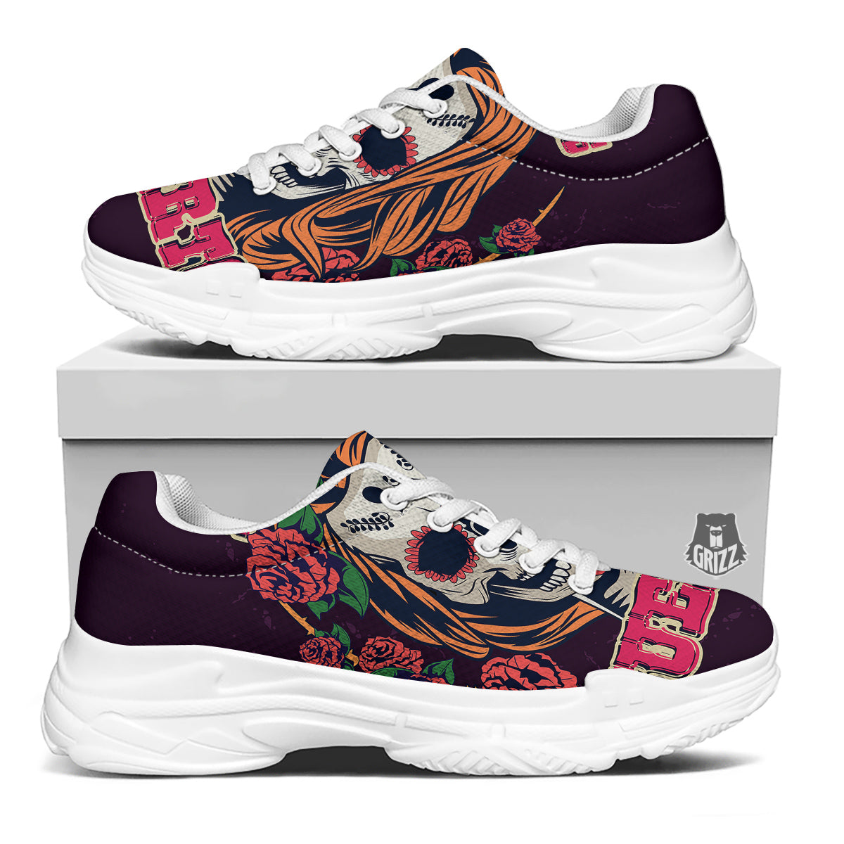 Dia De Los Muertos Calavera Girl Print White Chunky Shoes-grizzshop