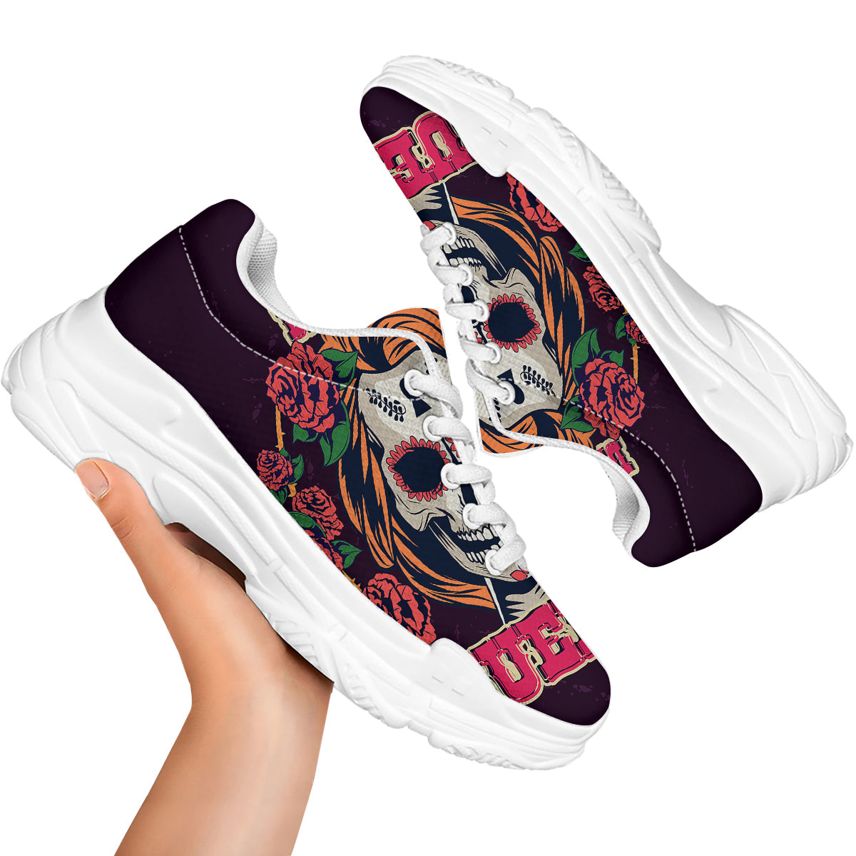 Dia De Los Muertos Calavera Girl Print White Chunky Shoes-grizzshop