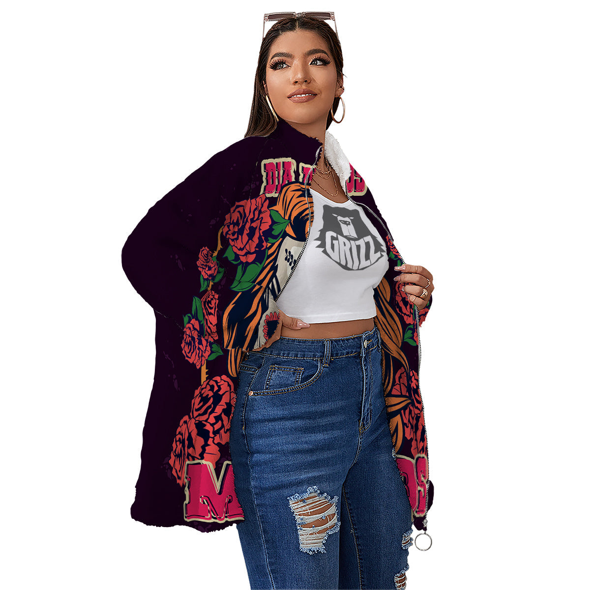 Dia De Los Muertos Calavera Girl Print Women's Sherpa Jacket-grizzshop