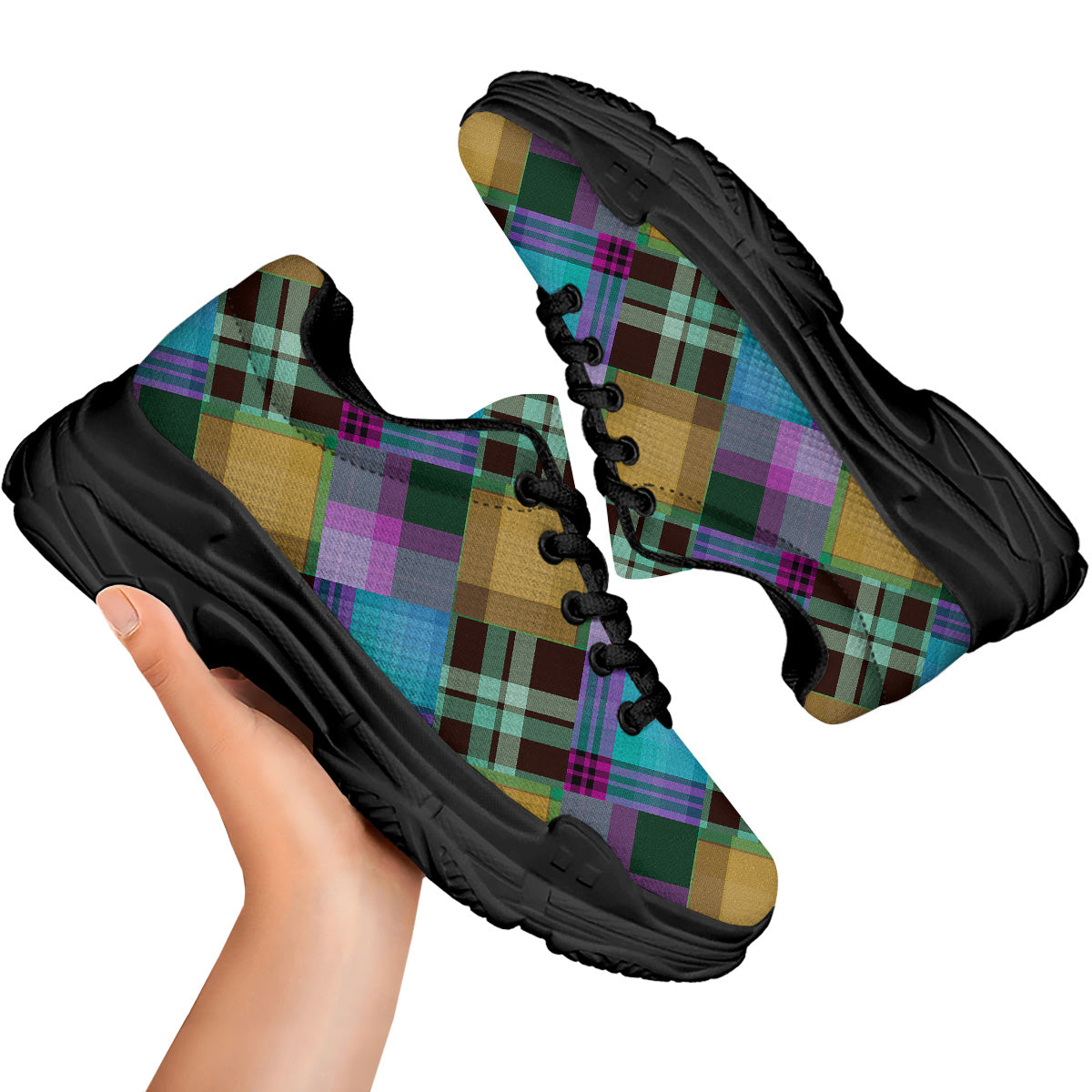 Diagonal Madras Blue Tartan Plaid Print Pattern Black Chunky Shoes-grizzshop