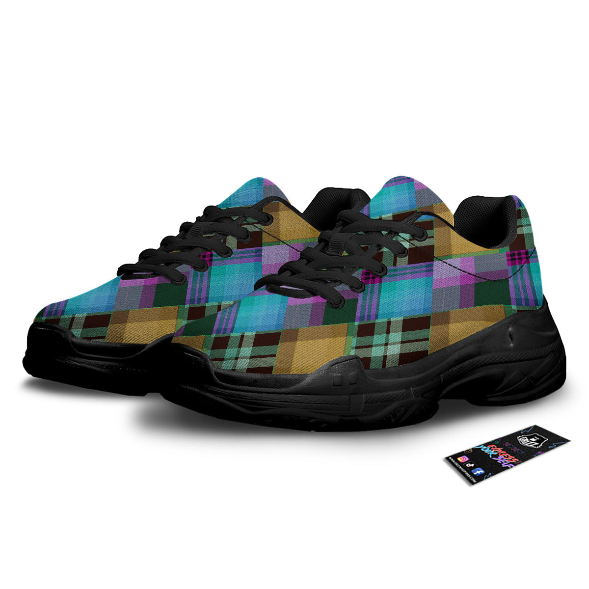 Diagonal Madras Blue Tartan Plaid Print Pattern Black Chunky Shoes-grizzshop
