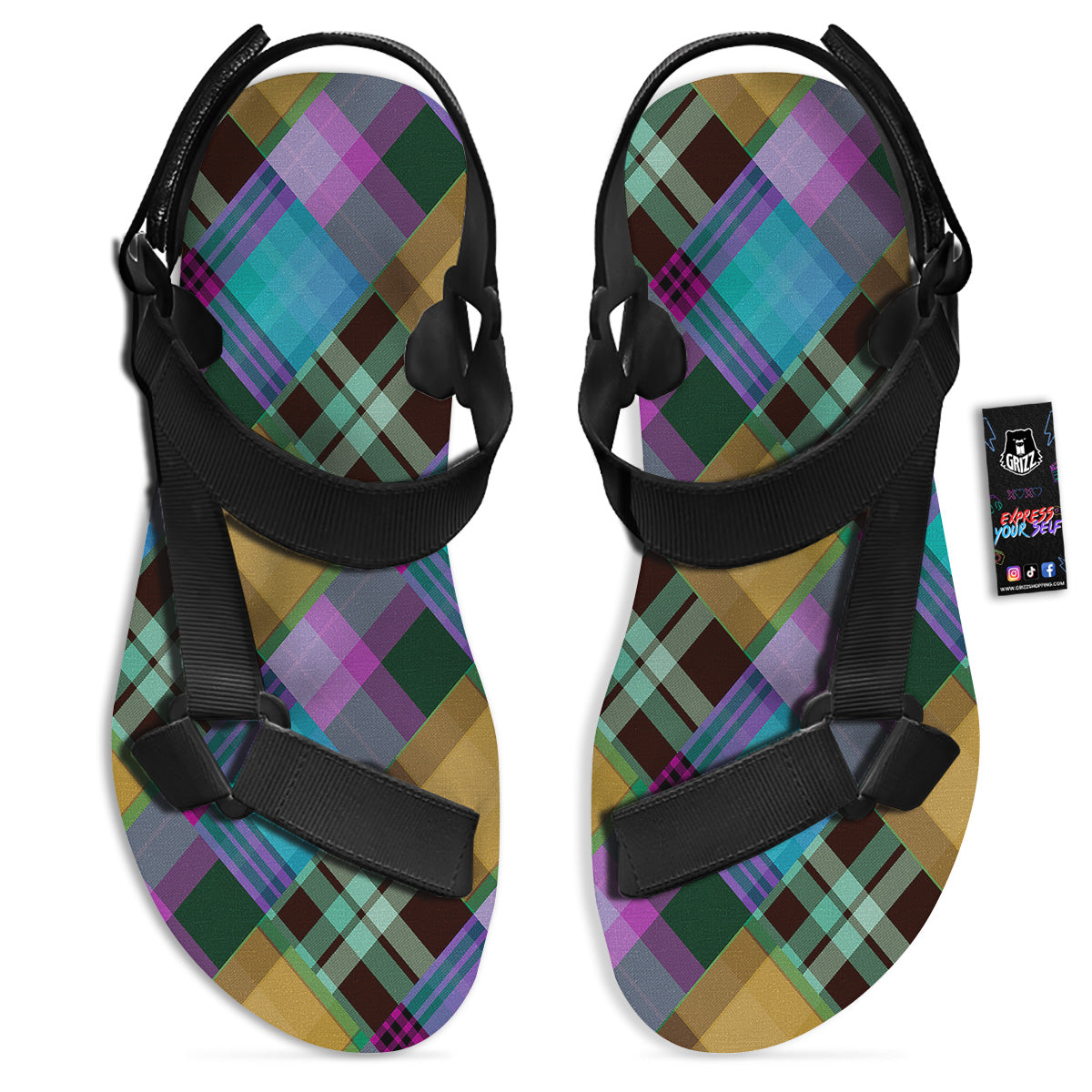Diagonal Madras Blue Tartan Plaid Print Pattern Black Open Toe Sandals-grizzshop