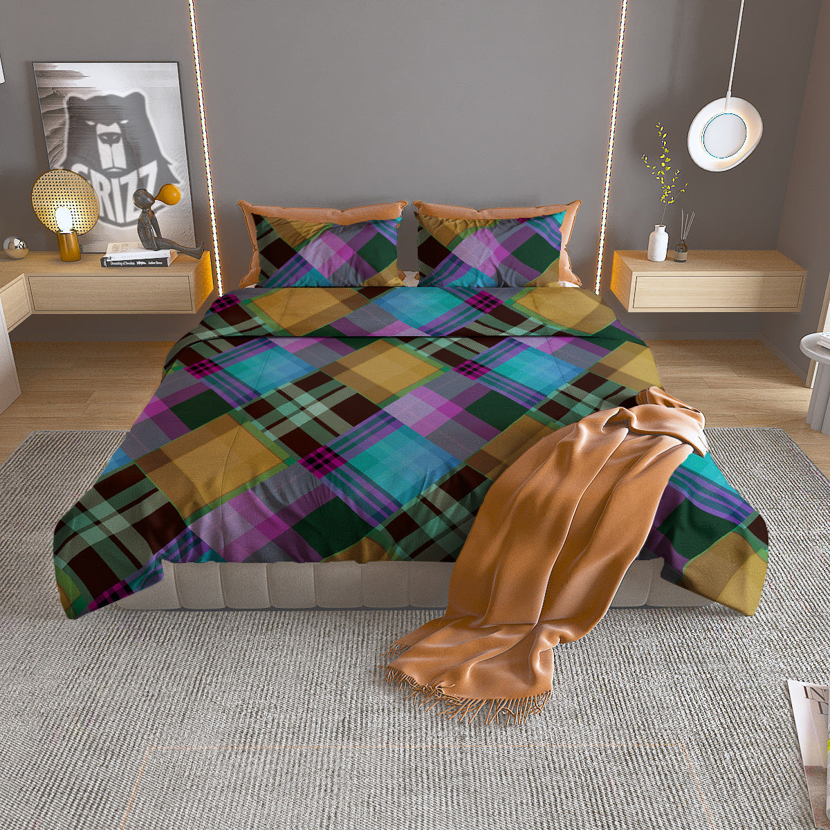 Diagonal Madras Blue Tartan Plaid Print Pattern Duvet Cover Bedding Set