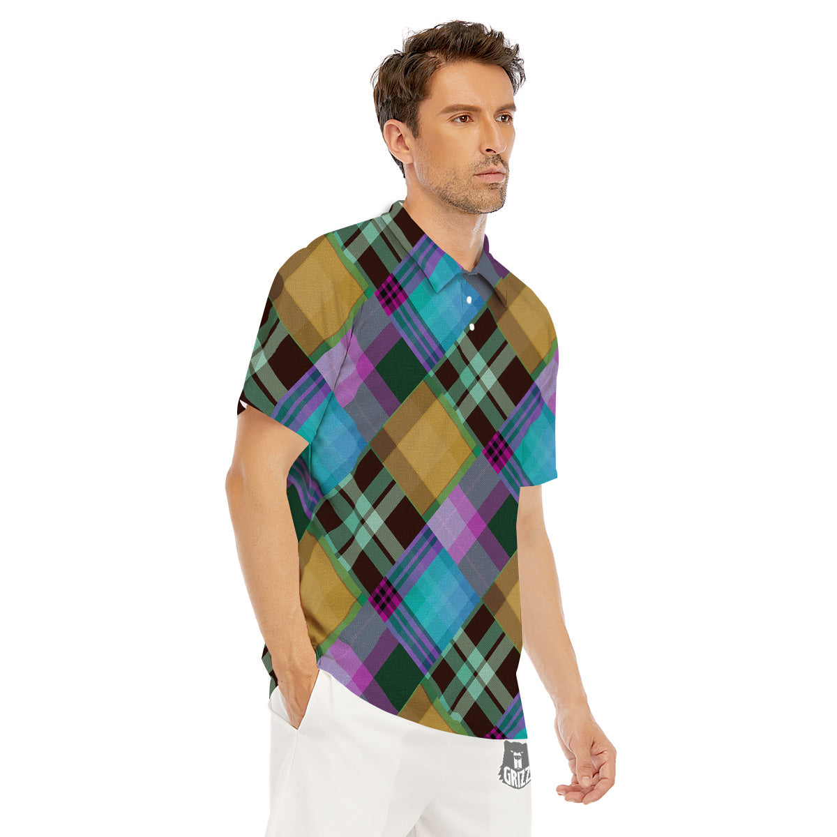 Diagonal Madras Blue Tartan Plaid Print Pattern Men's Golf Shirts-grizzshop
