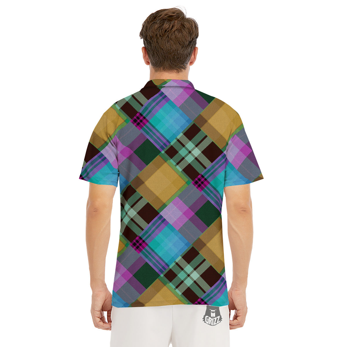 Diagonal Madras Blue Tartan Plaid Print Pattern Men's Golf Shirts-grizzshop
