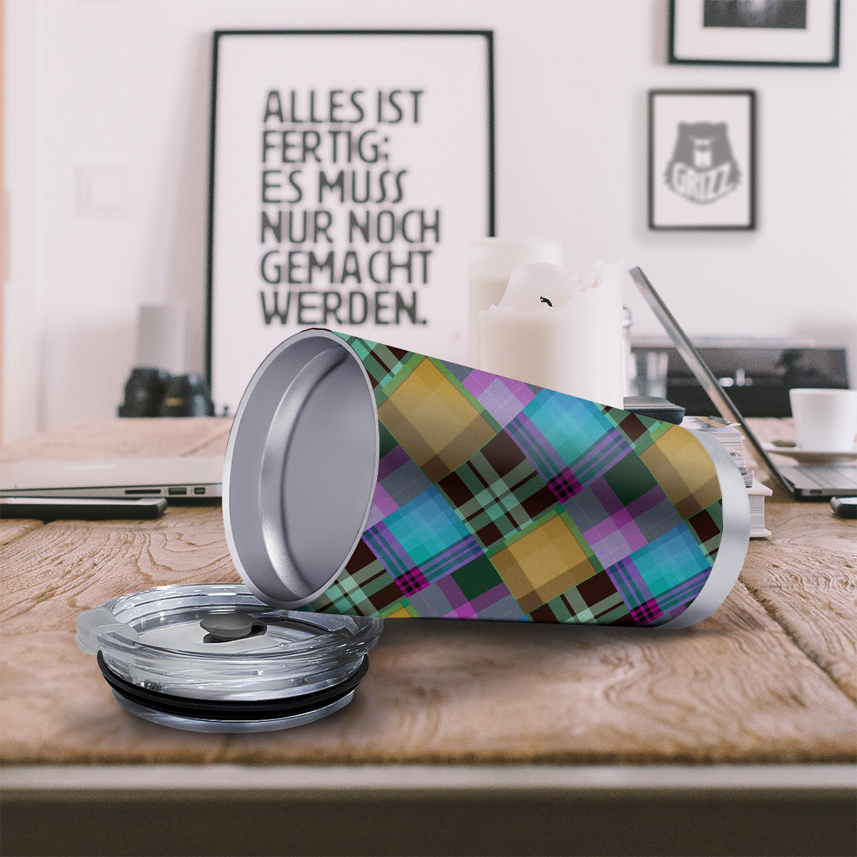 Diagonal Madras Blue Tartan Plaid Print Pattern Tumbler-grizzshop