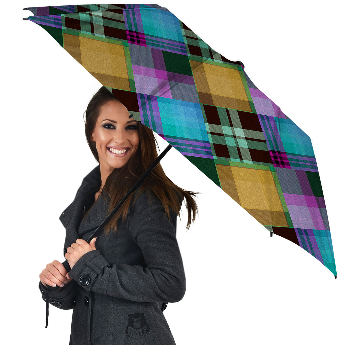 Diagonal Madras Blue Tartan Plaid Print Pattern Umbrella-grizzshop